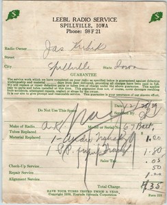 1939 Leebl Radio Service Spillville Iowa Receipt Repair Tubes Parts Vintage IA