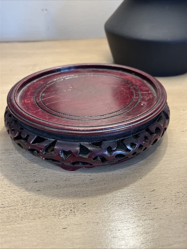 Vintage Carved Rosewood Chinese Wood Base For Figurine Vase Etc Round 5 1/2 “