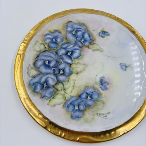 Vtg Hand Painted Tea Trivet Hot Plate Violets Gold Trim Porcelain Artist Signed - Picture 3 of 8