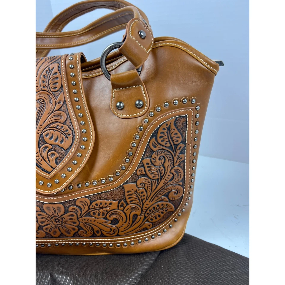 Montana West Studded Handbag Purse Brown Leather Concealed Carry w/Dust Bag NWT - Image 4 of 4
