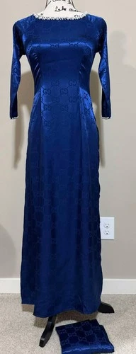 Beautiful Ao dai (Vietnamese dress) Celine Blue w/ Faux Pearl Trim, Asian SMALL
