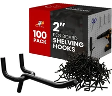 100 Pack 2 Black Pegboard Hooks, 20lb, 1/4 1/8 Pegs, Garage Tool Organizer