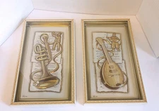 Set Of Two Of The Four Musicians Metalcraft Wall Hangings Gold Toned 3D Relief