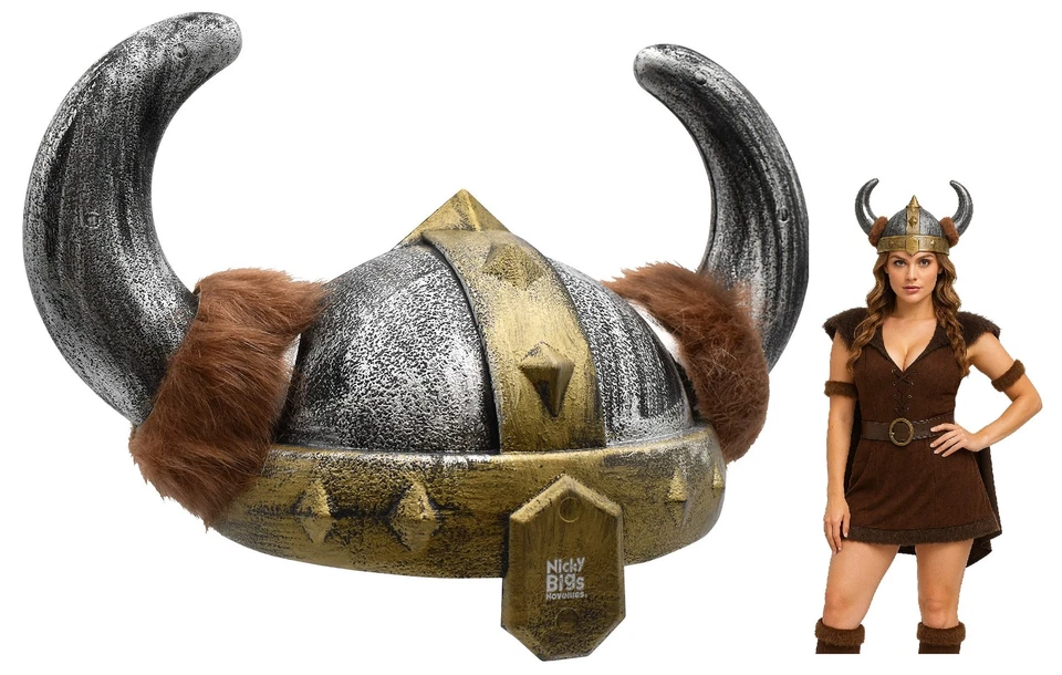 Womens Nordic Viking Hat Barbarian Helmet with Faux Fur Horns Costume Accessory - Image 2 of 4