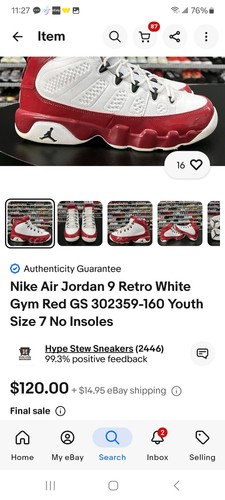 Nike Air Jordan 9 Retro weiß Fitnessstudio rot GS 302359-160 Jugend Größe 6,5y OG BOX - Bild 15 von 15