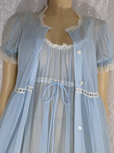 Vintage VAL MODE Lingerie Nightgown Peignoir Blue Robe Set Ivory Ruffle Lace S - Picture 6 of 22