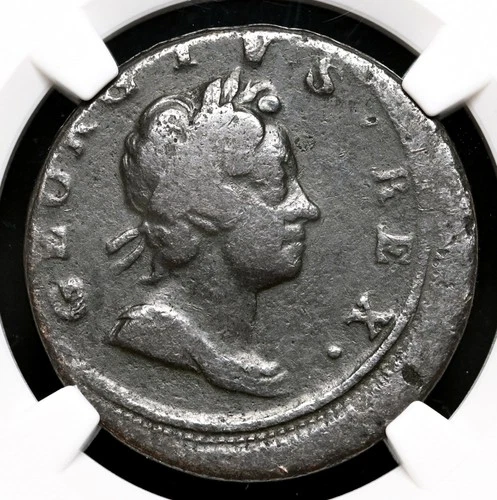 GREAT BRITAIN. George I, Copper "Dump" Halfpenny, 1718, NGC Fine, Off Center