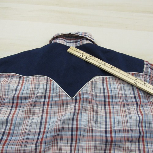 Vintage H Bar C Shirt Mens Medium Blue Red Pearl Snap Button Western Smile - Picture 17 of 19