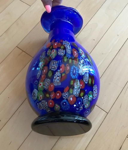 Vintage Murano Millefiori Vase Italy Art Glass Blue Multicolored 2 sided designs - Picture 4 of 7