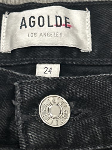 AGOLDE Cherie High Rise Straight Black Denim Jeans Size 24 Raw Hem Ripped Knees - Picture 18 of 19