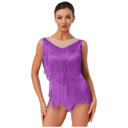 Womens Dancewear Leotard Bodysuit Ballroom Dress, Swing Crew Neck Stage Tassel - Picture 52 of 83