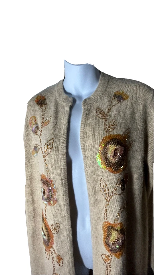 Años 80 Víctor Costa, Cárdigan Tejido Suéter Beige Años 80 Beige y Dorado Lentejuelas Talla M Foto 2 de 4