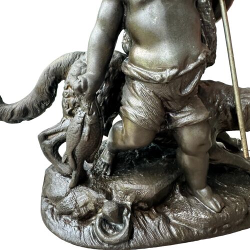 Scultura vintage stile francese bronzo fuso giovane ragazzo pesce lancia e cane 7" H RARA - Foto 5 di 11