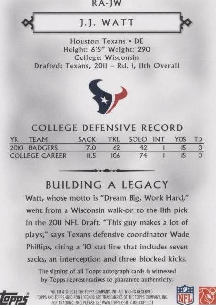 2011 Topps Gridiron Legends J.J. Watt #RA-JW