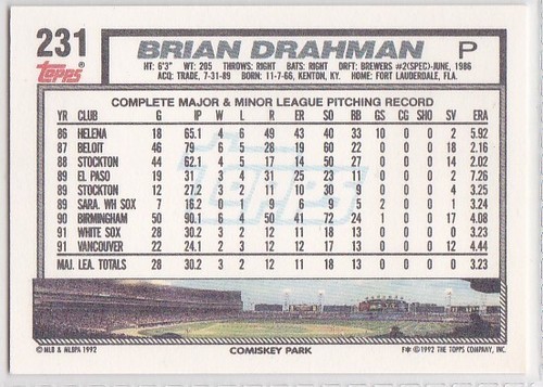M) 1992 Topps Baseball Trading Card - Brian Drahman #231 - Bild 2 von 2