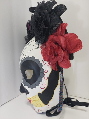Dia De Los Muertos Day of the Dead Masquerade Mask Red & Black Flowers - Adult - Picture 12 of 24