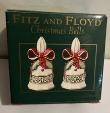 Fitz and Floyd Christmas Bell Shaped Salt & Pepper Shakers 2004 Red Bow
