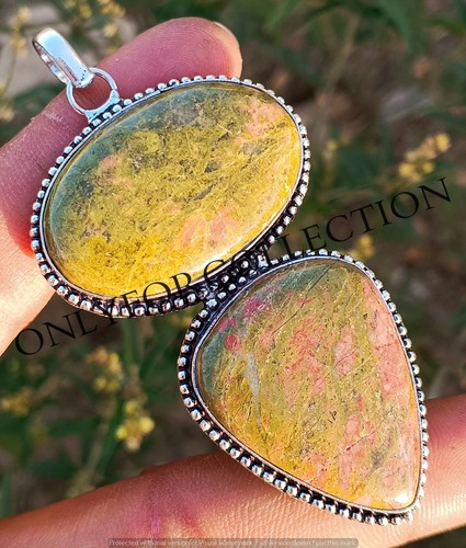 Healing Unakite Jasper Gemstone 925 Sterling Silver Plated 1 PC Vintage Pendant - Picture 1 of 3