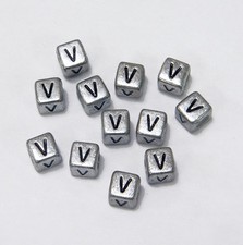 6mm Silver Metallic Alphabet Beads Black Letter "V" 100pc