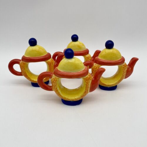 Set 4 Department 56 Ceramic Teapot Napkin Rings Retro Vintage 80s Kitchen - Picture 2 of 9