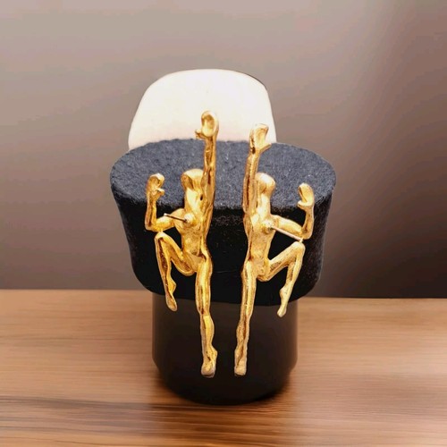 Irafa Gold Tone Figural Climbing Nude people earrings vintage signed 2.5" 20g - Picture 2 of 4