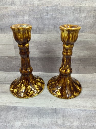 Vintage Flint Enamel Glaze Chalkware Candle Sticks Yellow & Brown 6” - Picture 3 of 12