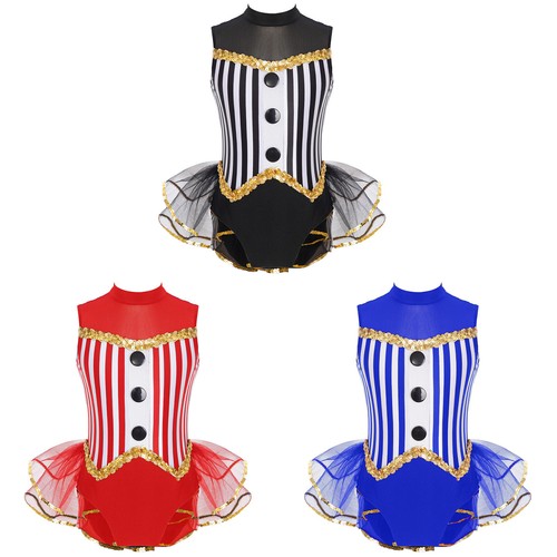 AU Kids Girls Ballet Dance Leotard Bodysuit with Tutu Skirt Striped Dance Dress - Picture 5 of 37