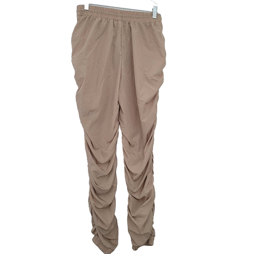 New! Fashion Nova Joggers Scrunch Pants Medium Ruched Sides Tan Elastic Waist - Picture 2 of 6