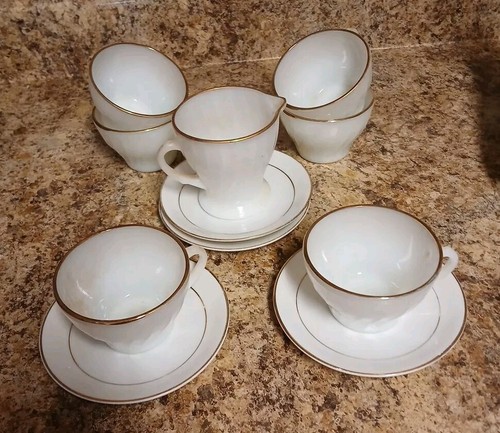 Anchor Hocking Fire King  Ivory Swirl 11 Pc Cup And Saucer Set With Creamer - Picture 3 of 5