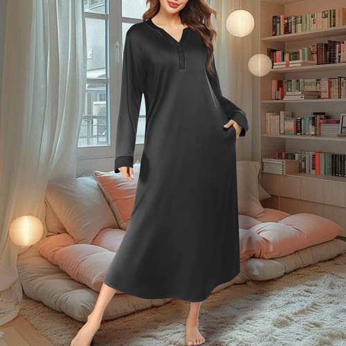 Women's Nightgown Long Housecoat V Neck Pajama Dress With Pockets - Picture 13 of 36