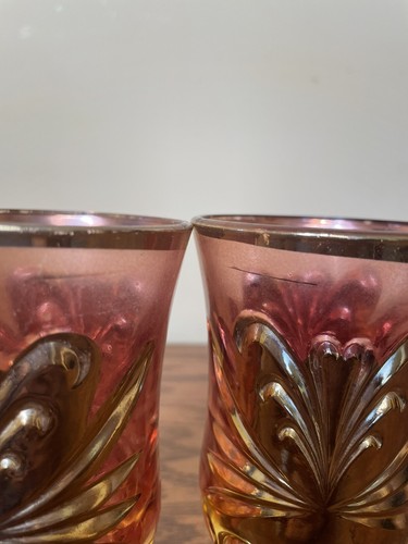 Vintage MCM Drink Set Pitcher 6 Glasses Cranberry / Pink Gold Accent Barware - Picture 14 of 14