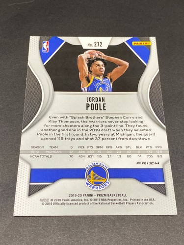 Jordan Poole 2019-20 Panini Prizm verde novato Prizm radiocontrol SP #272 WARRIORS - Imagen 2 de 2