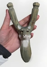 Vtg Old School Folkart Hand Carved Wood Sling Shot Fox Wolf Face