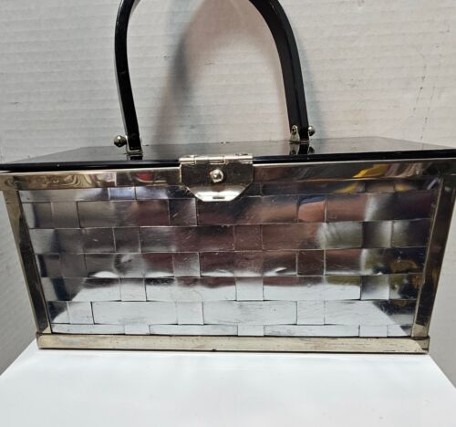 Bolso de Mano Art Deco Vintage Plateado Cesta Tejido Metal Cartera Negro Asa Superior Años 50 - Imagen 3 de 11
