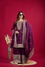 Attractive Look Heavy Chinnon Silk Purple Kurta Palazzo With Dupatta For Party
