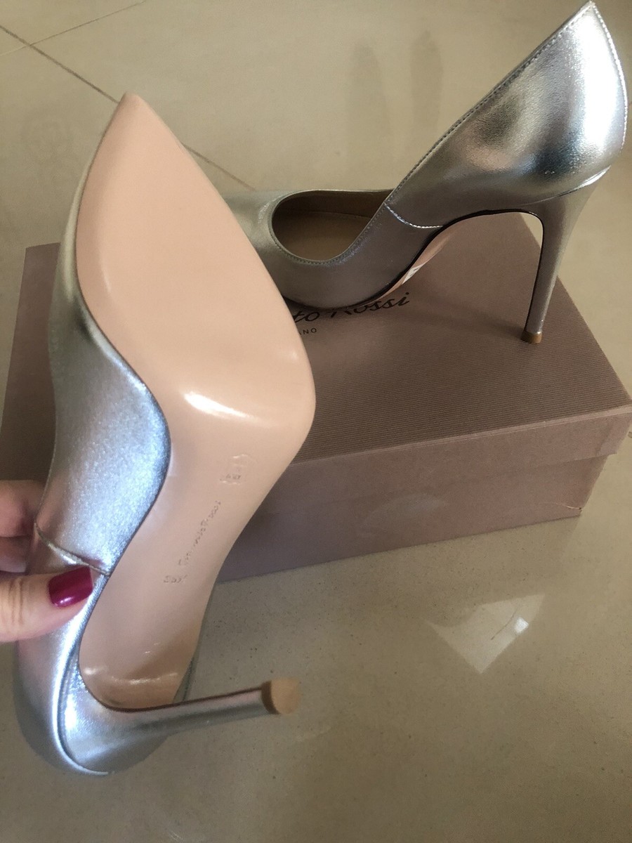 New Gianvito Rossi Silver Metallic Leather Pumps Heels 8.5