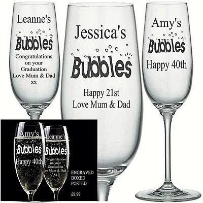 Personalised Engraved CHAMPAGNE FLUTE GLASS BUBBLES BIRTHDAY 21ST 18TH 40TH etc