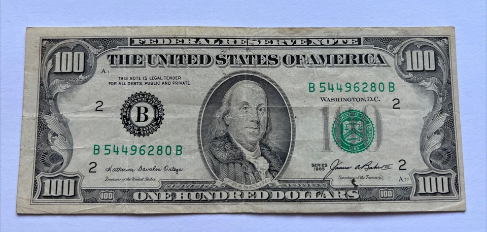 Series 1985 US One Hundred Dollar Bill Note $100 ~ New York ~ B 54496280 B - Image 3 of 3