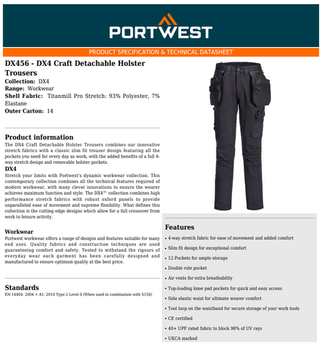 Pantaloni cargo Portwest DX4 artigianali fondina staccabile elasticizzati slim fit pantaloni da lavoro - Foto 4 di 11