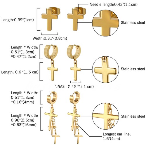 11 Pairs Stainless Steel Cross Stud Earrings for Women Men Hoop Dangle Earrings - Picture 21 of 31