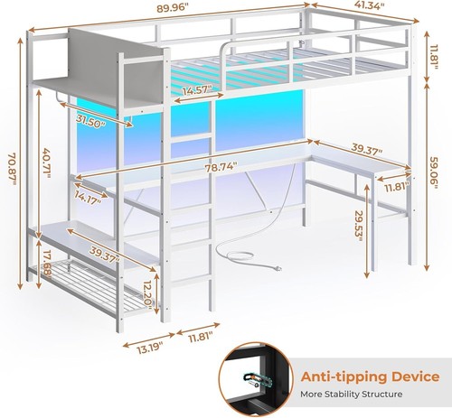 Twin Loft Bed with L-Shaped Desk, LED Lights and 3-Tier Storage Shelves (White) - Picture 2 of 9