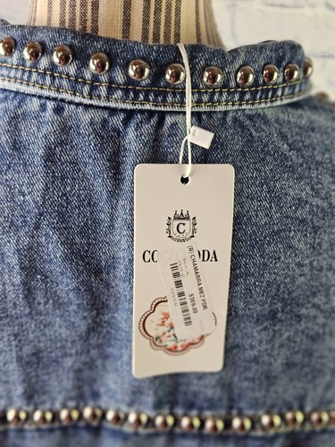 Women Denim Jacket Coat Pearls Colored Beaded Crystal Rhinestone Size L/XL - Picture 6 of 6