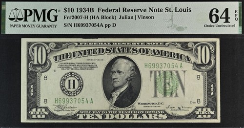 1934B $10 Federal Reserve Note PMG 64EPQ - PMG Graded Only 8 St Louis Fr 2007-H - Picture 3 of 4