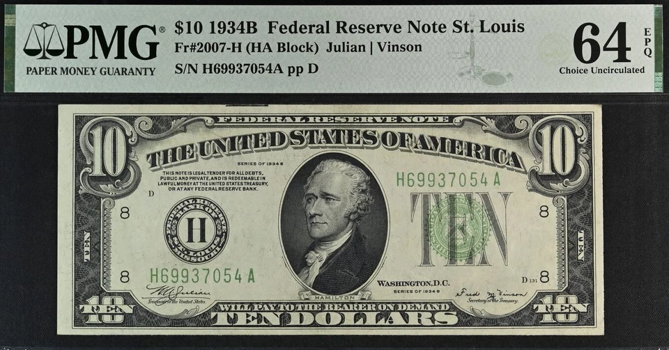 1934B $10 Federal Reserve Note PMG 64EPQ - PMG Graded Only 8 St Louis Fr 2007-H - Image 3 of 4