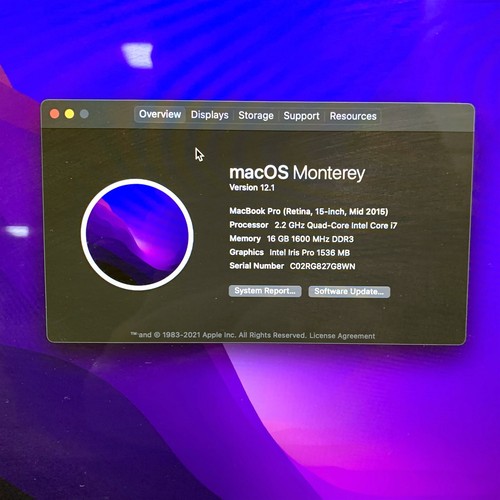 Apple Macbook Pro A1398 2015 Retina 15.4" i7-4770HQ 2.20GHz 16GB 500GB Monterey - Photo 2/7