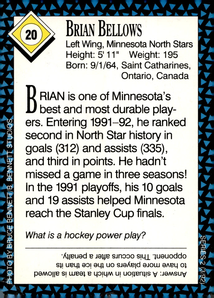1992 Sports Illustrated for Kids Series 2 - #20 Brian Bellows North Stars - Image 2 of 2