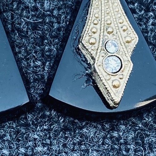 Vintage Black Gold Art Deco Geometric Earrings Rhinestones Dangle Drop Flapper - Picture 2 of 8