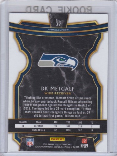 Tarjeta de novato DK METCALF 2019 Panini SELECT RC Seahawks Seattle Fútbol ¡Como nueva! - Imagen 2 de 2