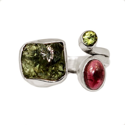 Natural Green Apatite, Pink Tourmaline & Peridot 925 Silver Ring s.6 CR74697