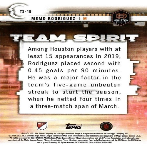 Memo Rodriguez (Houston Dynamo) 2021 Topps MLS Team Spirit Card - Number TS-18 - Picture 2 of 2